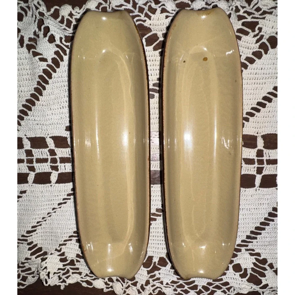 Vintage 1960s Ceramic Corn on the Cob Dishes Set of 2 Brown Husk Texture